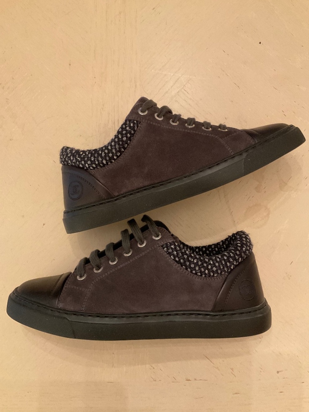 CHANEL Grey Gray Black Suede Tweed Low Top Lace Up Sneaker Shoes 37.5